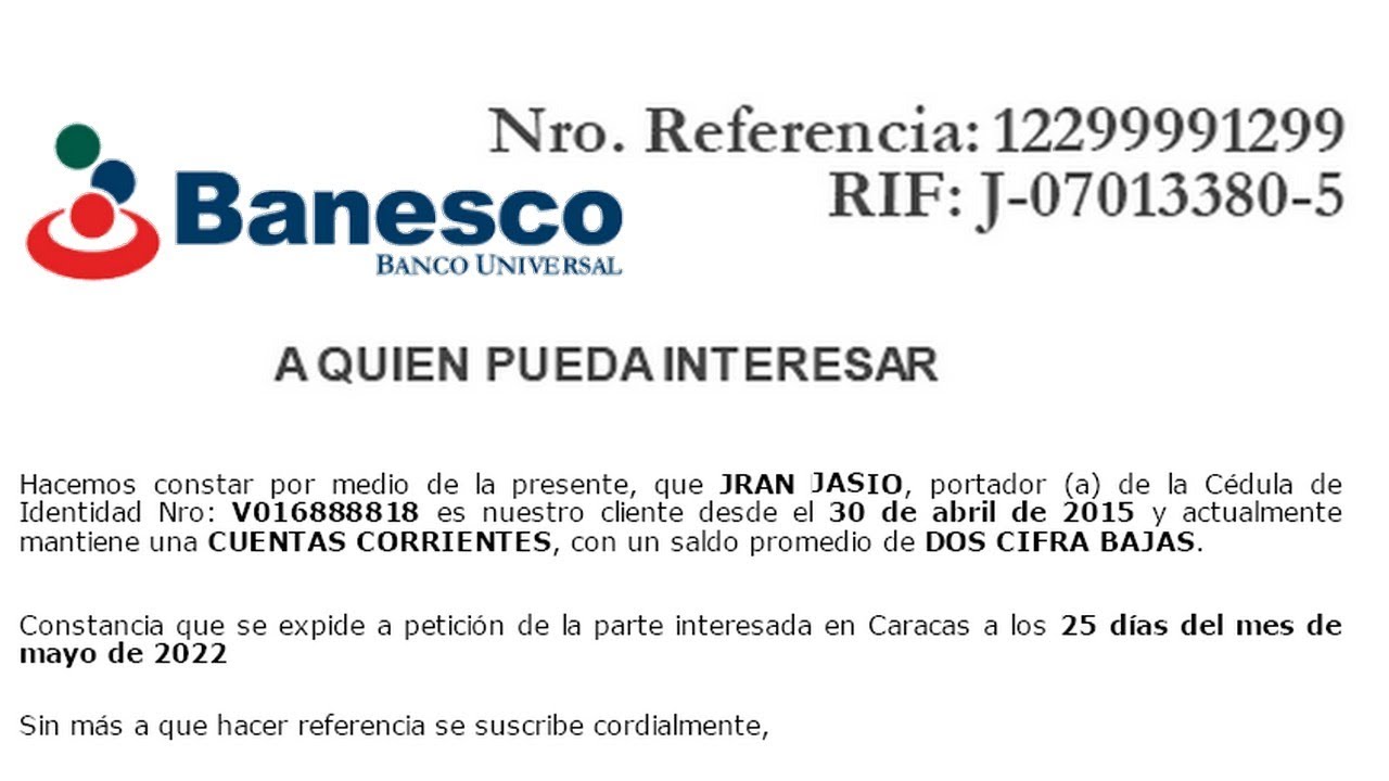 Solicitud de certificación bancaria Banesco – Venezuela